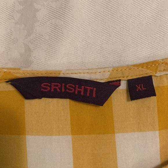SRISHI Mustard and White Gingham Floral Short Sleeve Cottage Core Maxi Dress - Picture 15 of 16